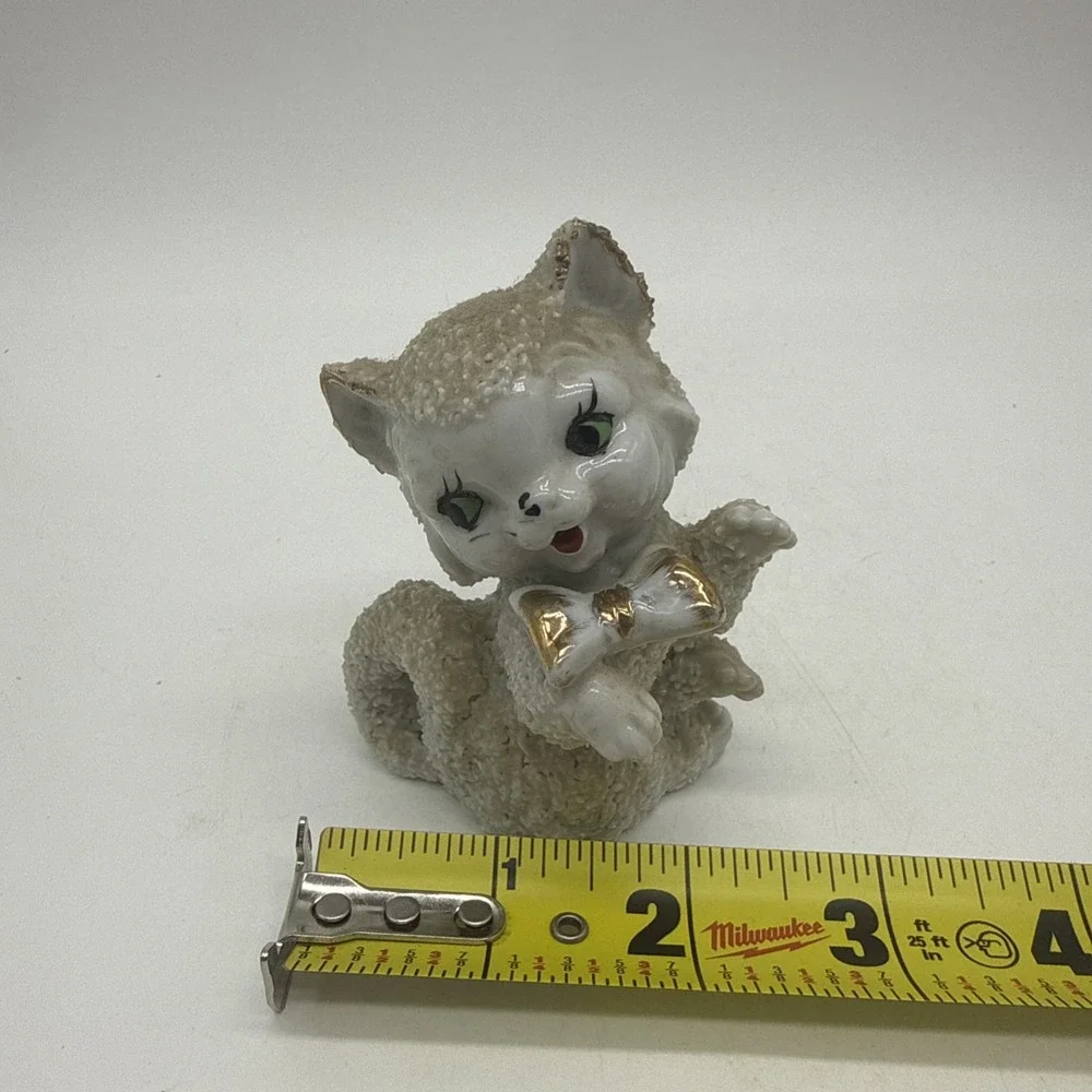 Spaghetti Sugar Texture White Cat Kitten Figurine Gold Bow Kitschy Vintage Japan